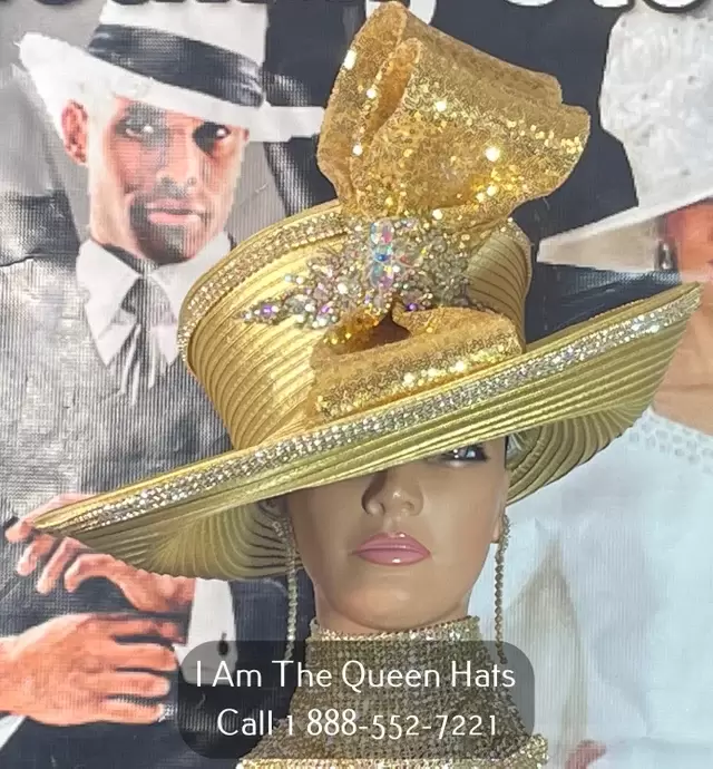 "Image of a luxurious metallic gold hat church hats, adorned with sparkling rhinestones and a sequined bow, adding a touch of glamour and sophistication to your look."