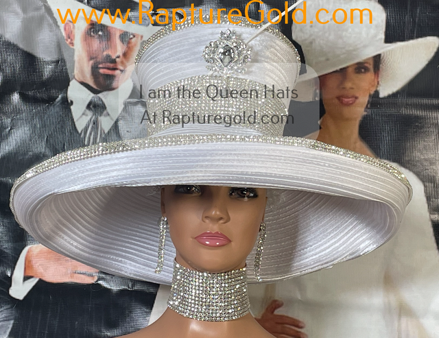 stunning white hat adorned with shimmering rhinestones, perfect for making a statement at any grand event.