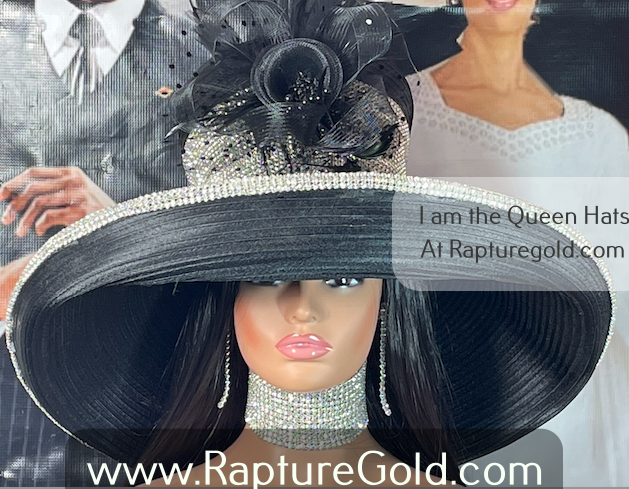 "Image of a large, stunning black beauty church hat featuring glistening rhinestones and a charming flower centerpiece, embodying timeless elegance."
