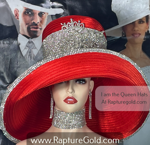 "Image of a large Brim Red  'I AM the Queen' church hat adorned with exquisite rhinestones, featuring a prominent roach and a regal queen brooch. Available in Red, White, and Black color options."