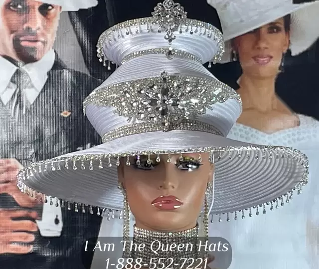 white triple layer church hats with exquisite rhinestone trim with dangling rhinestones adorning the brim's end, adding a touch of timeless glamour."