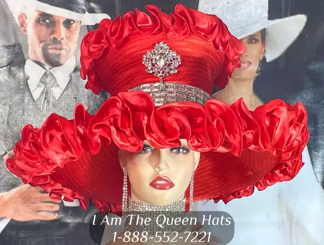 "Image of a striking red church hat featuring exquisite ruffles and a captivating brooch in the front – a true must-see fashion accessory."